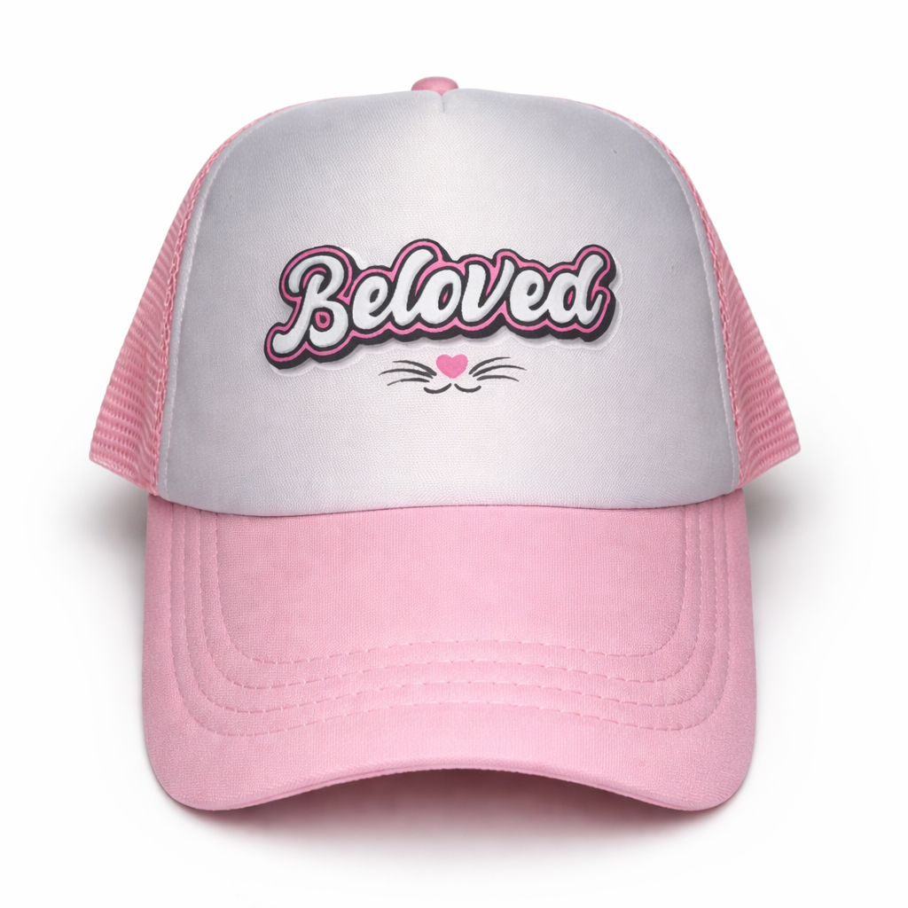 Beloved Heart Kitty Snapback Trucker Hat - Pink & White