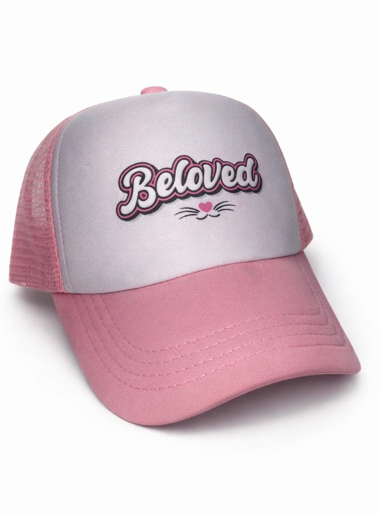 Beloved Heart Kitty Snapback Trucker Hat - Pink & White